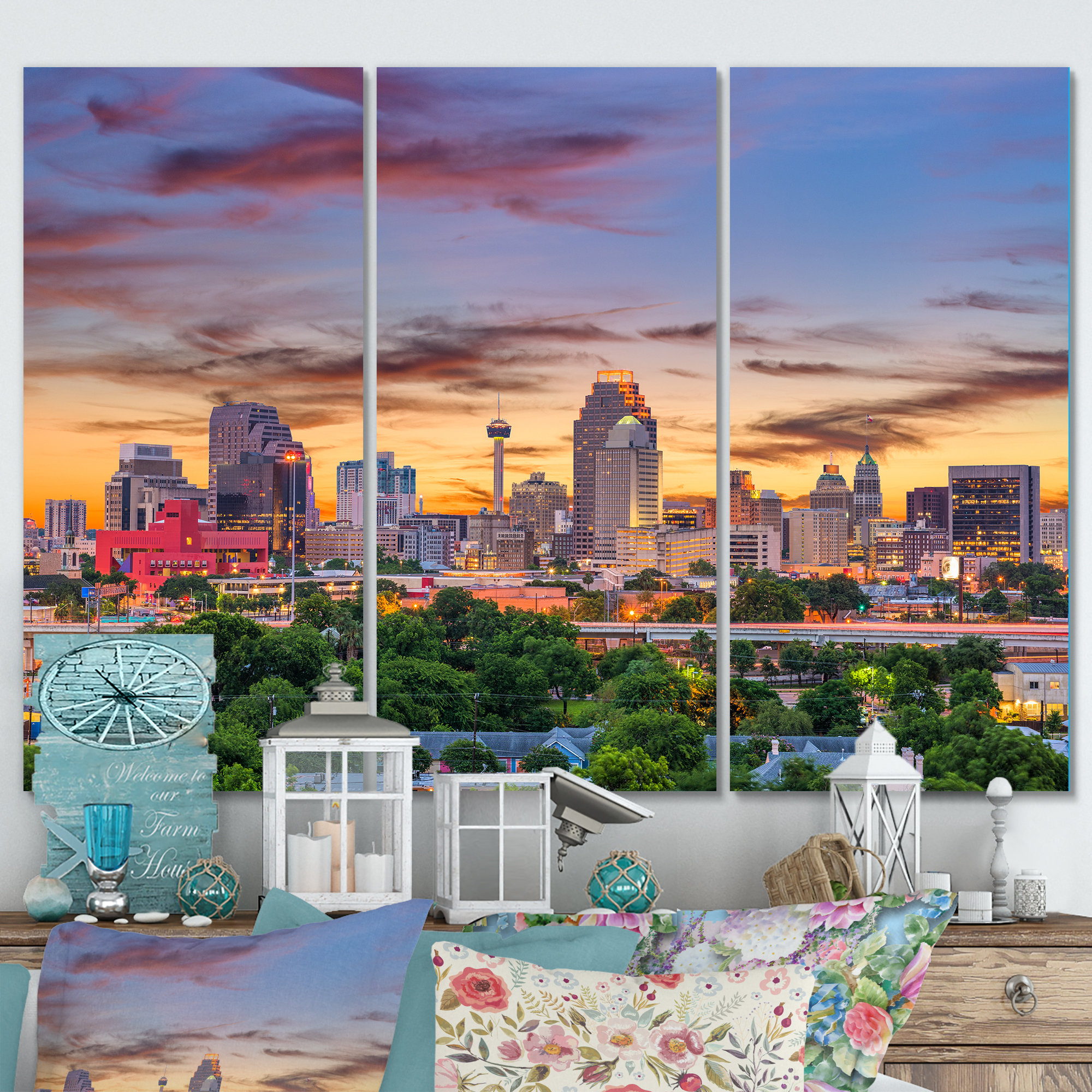 Ebern Designs San Antonio Downtown Texas II On Canvas 3 Pieces Print